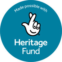 A white square background with a teal circle inside with the text 'Made possible with Heritage Fund' and the National Lottery logo of a hand with index and middle finger crossed